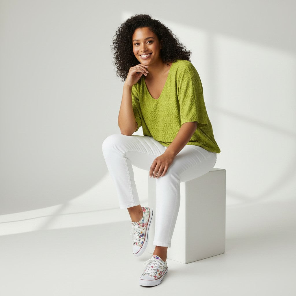 a woman wearing a green shirt and white jeans on a white background