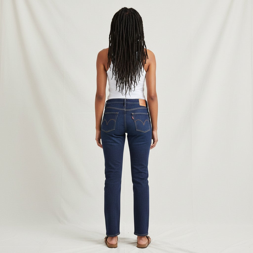 A model viewed from the back wearing dark blue straight-leg jeans, a white tank top, and brown sandals, standing against a white fabric backdrop.
