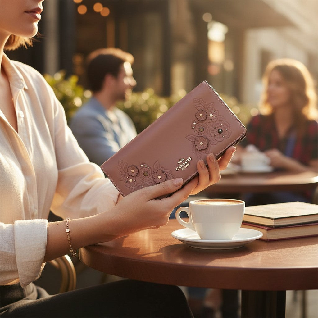 Person holding a pink leather wallet with decorative elements at an outdoor cafe.