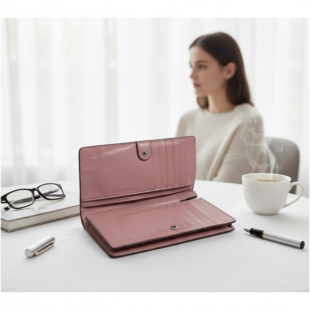 Pink wallet on a table with a woman in the background