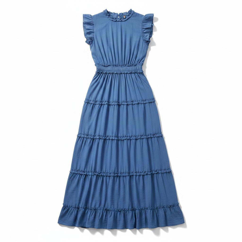 Blue tiered dress on a white background