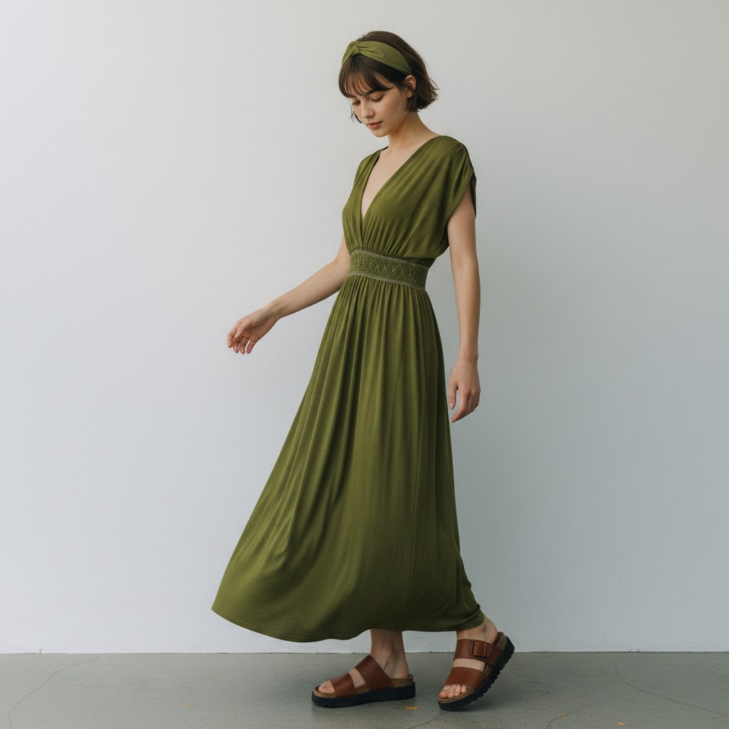Woman wearing a green dress with a plain background