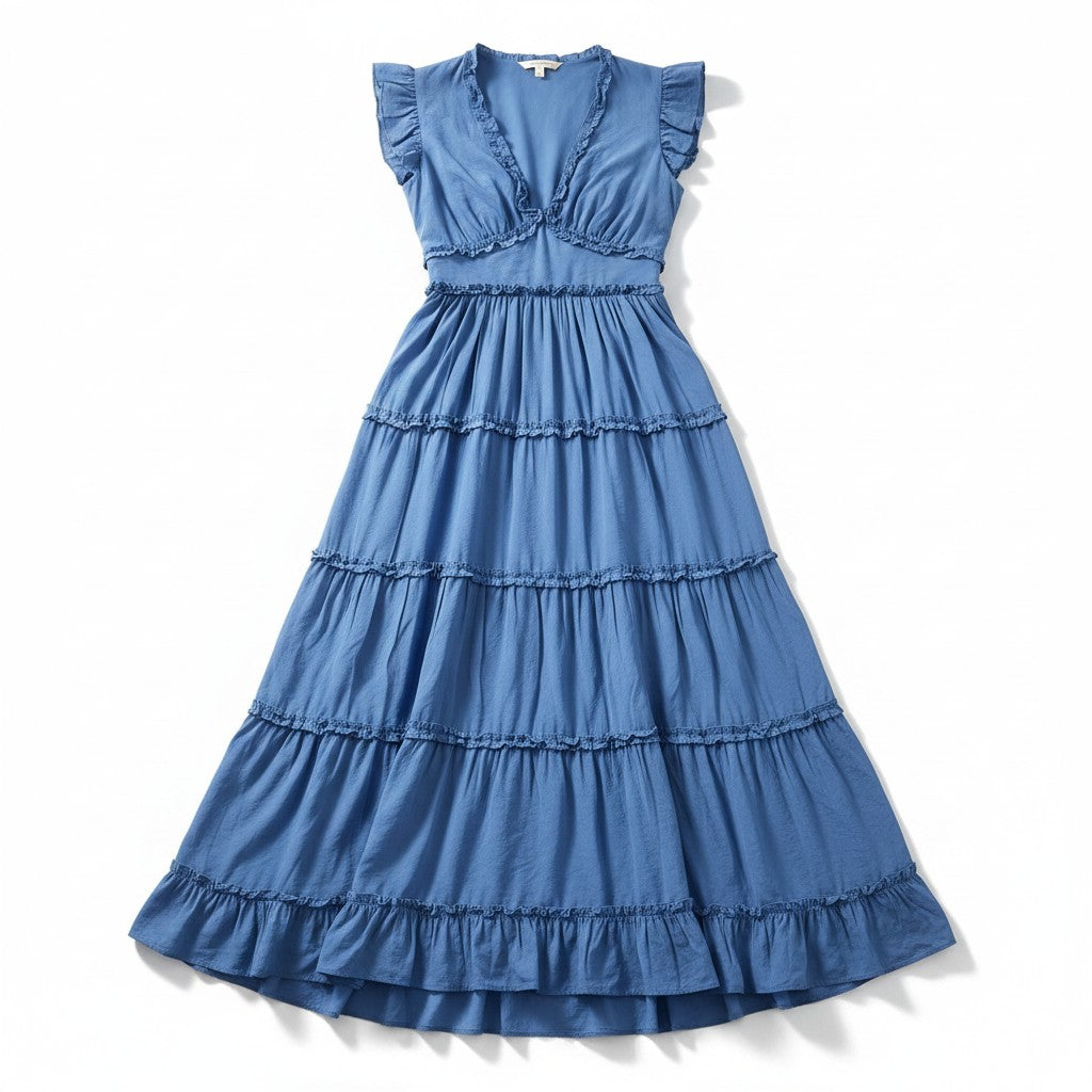 Blue tiered dress on a white background