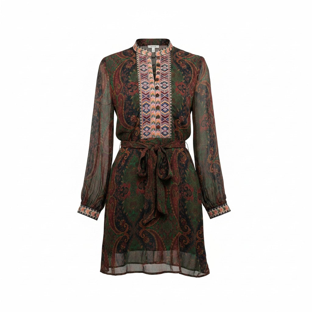 Long-sleeve dress with intricate pattern on a white background