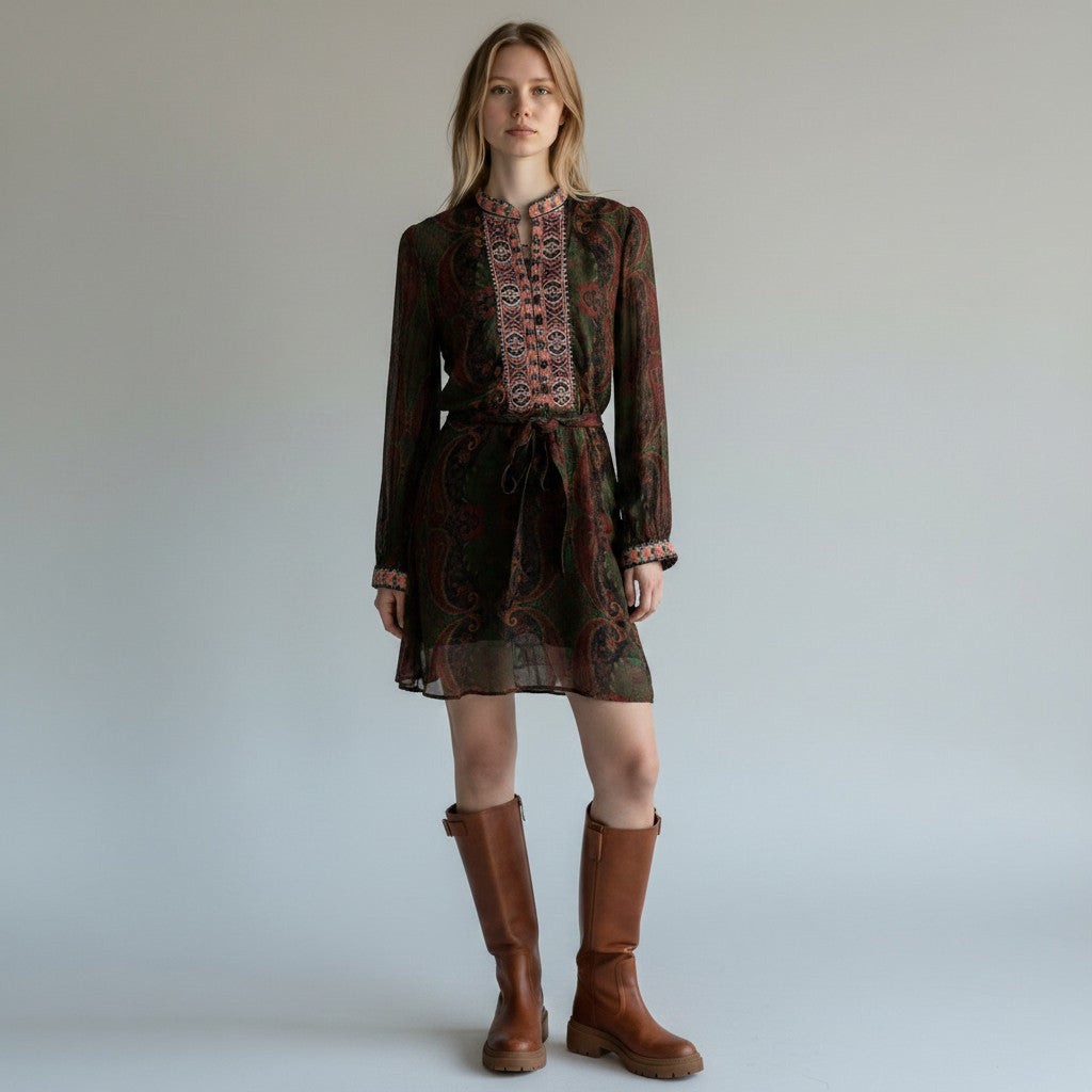 Woman wearing a patterned dress with long sleeves and a belt, paired with brown knee-high boots on a plain background.