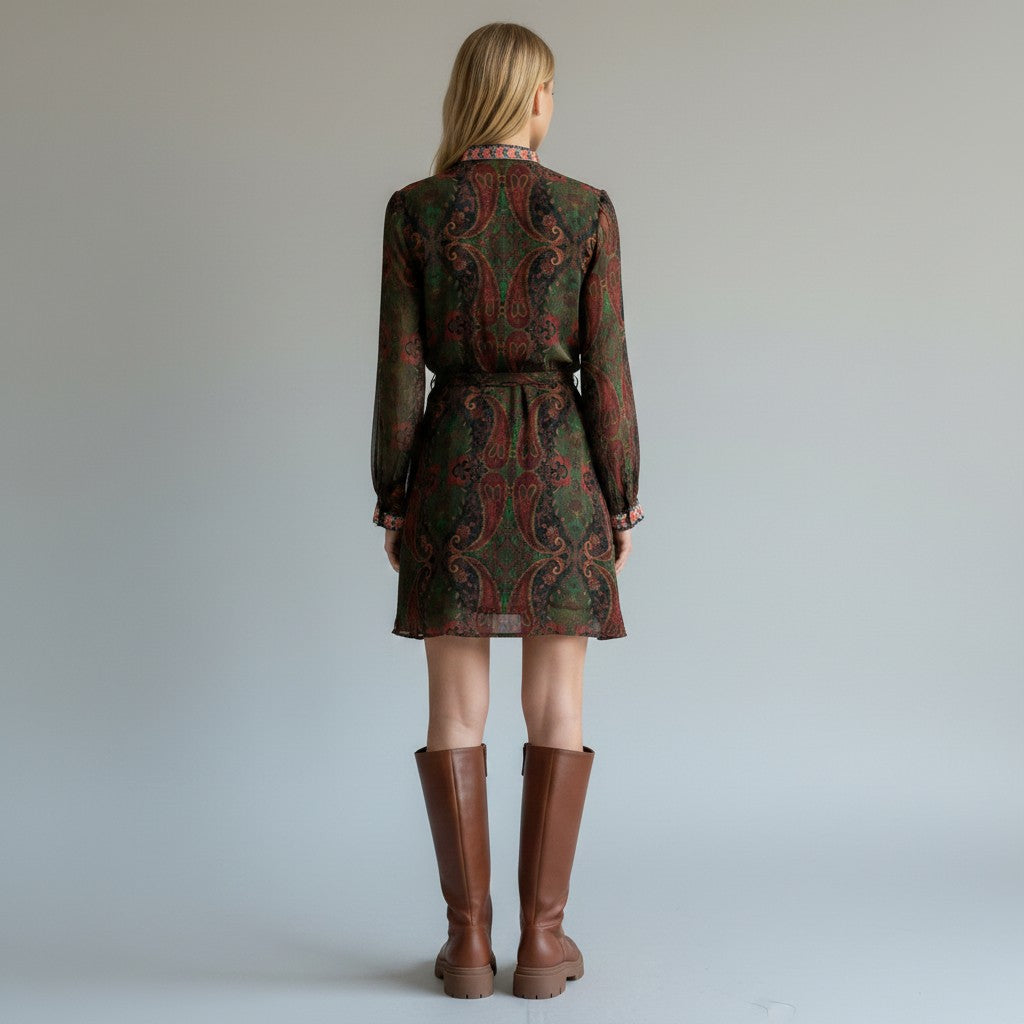 Woman wearing a patterned dress and brown boots against a plain background