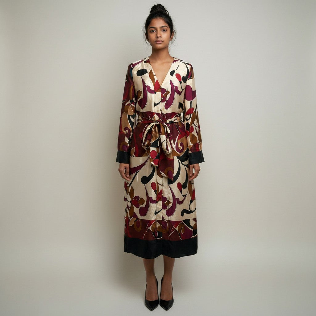 Woman wearing a patterned dress on a plain background