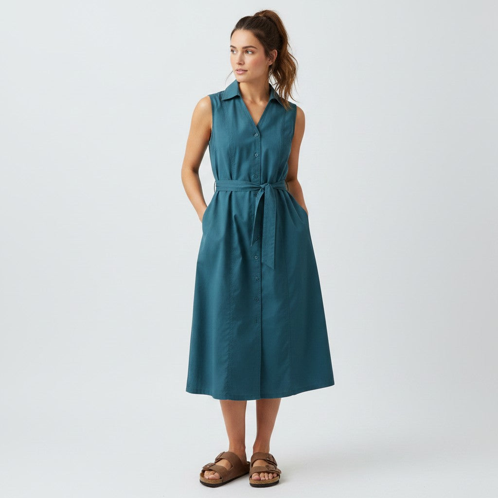 Woman wearing a teal dress on a white background