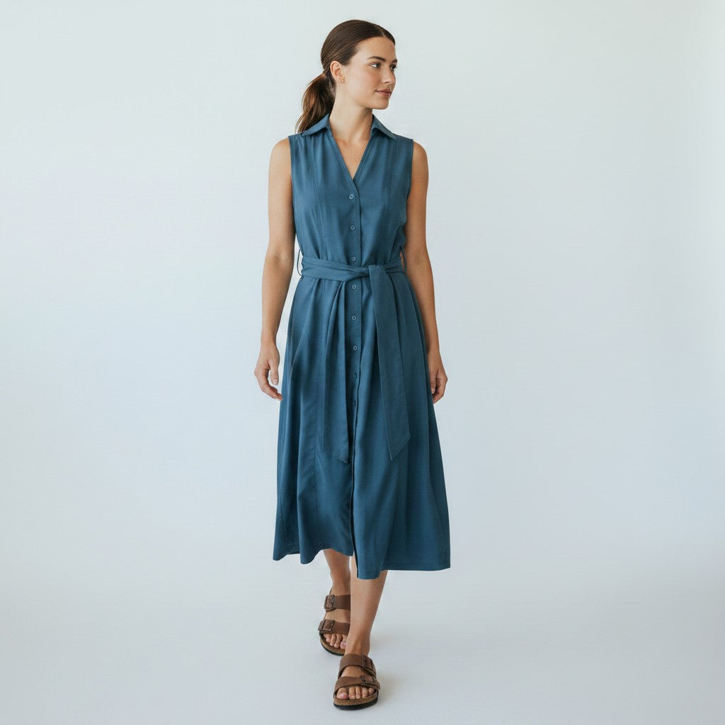 Woman wearing a teal dress with a belt on a white background