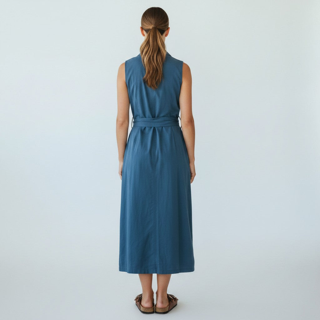 Woman wearing a blue dress against a light gray background