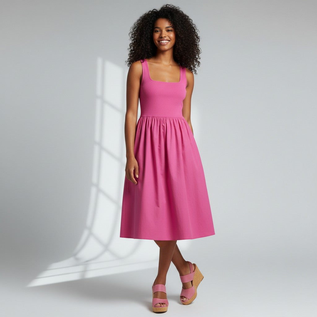 Woman wearing a pink dress standing against a plain background