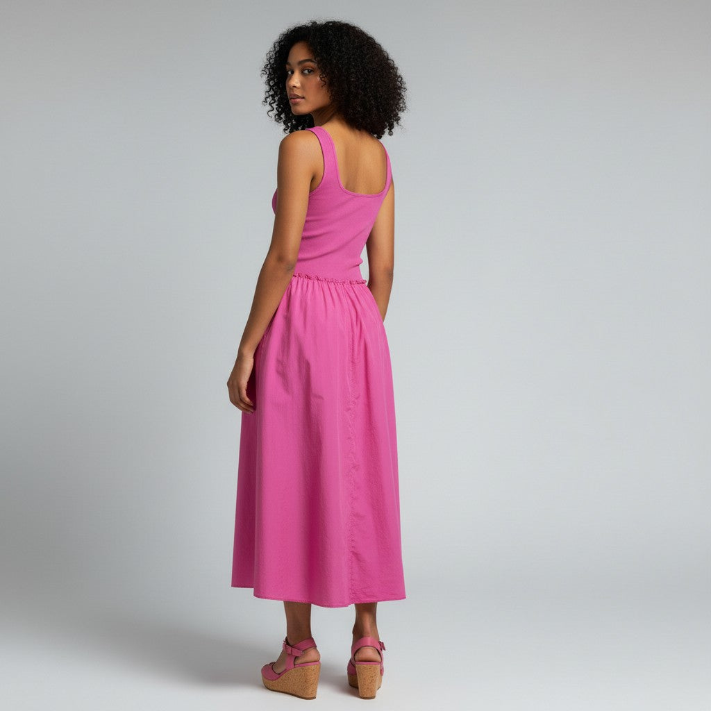 Woman wearing a pink dress on a gray background