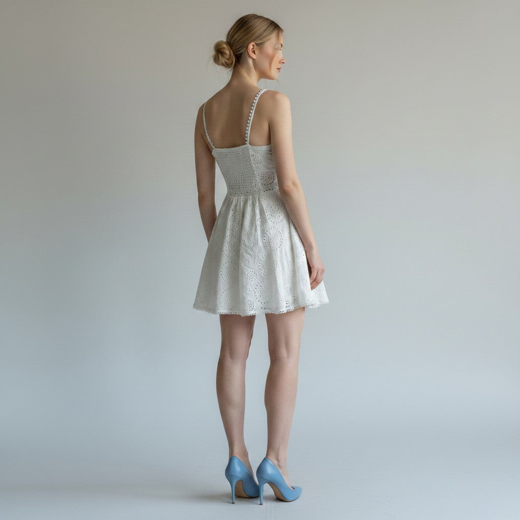 Woman wearing a white lace dress with thin straps on a plain background