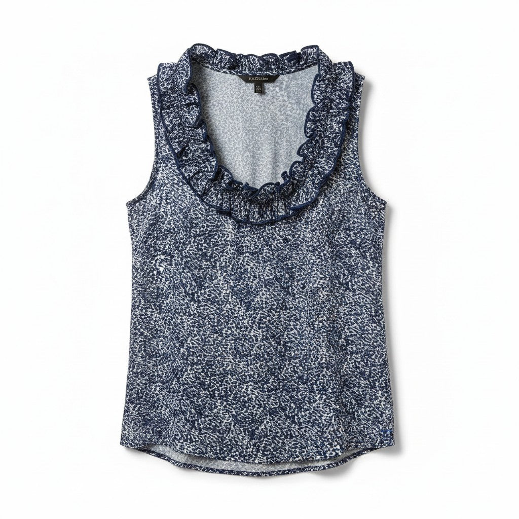 Floral patterned tank top with lace trim on a white background