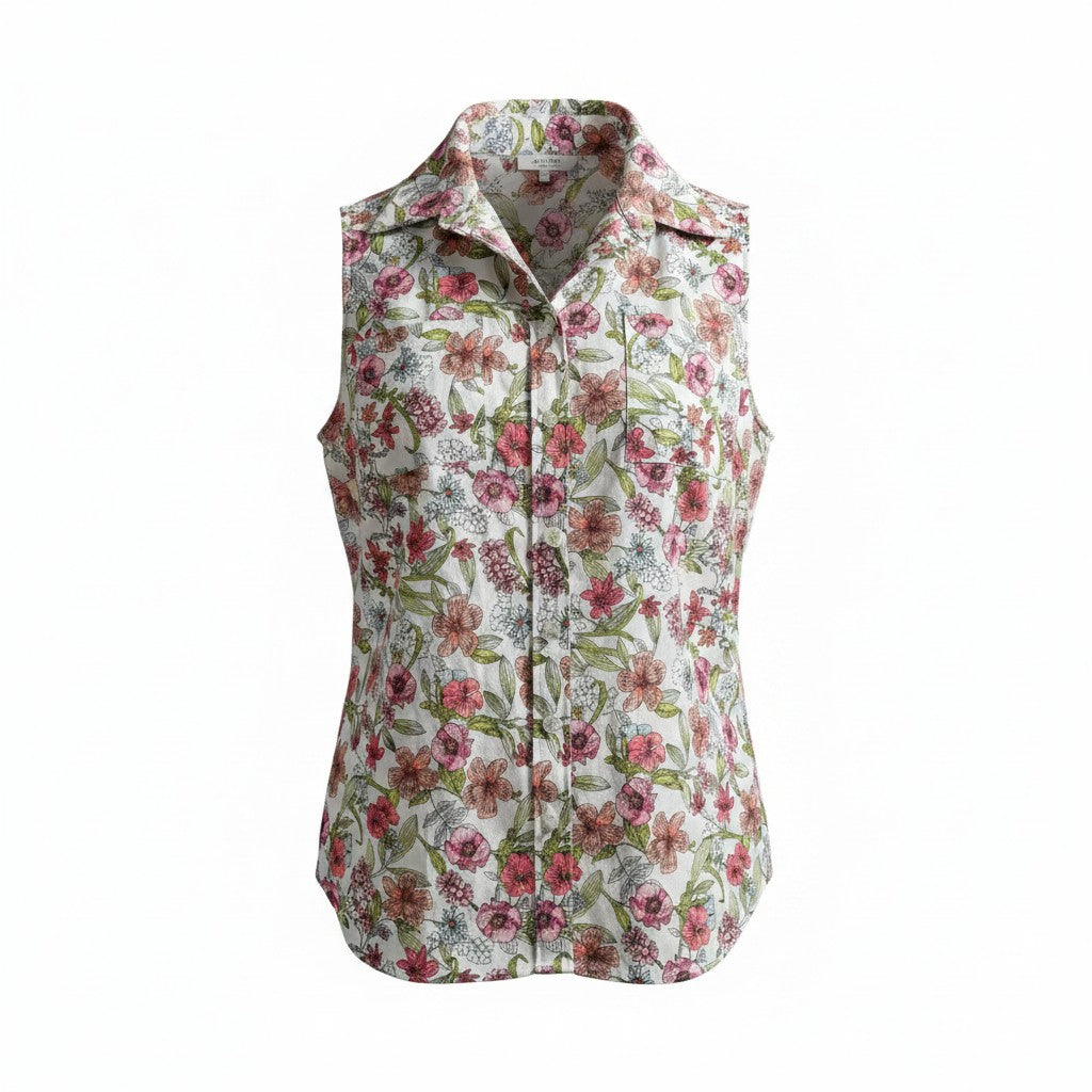 Floral patterned sleeveless shirt on a white background