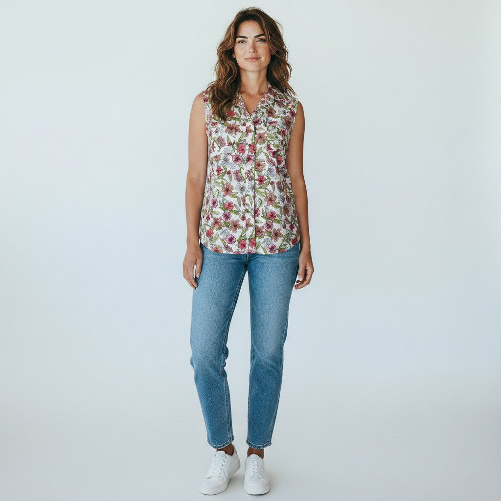 Woman wearing a floral sleeveless top and blue jeans on a white background