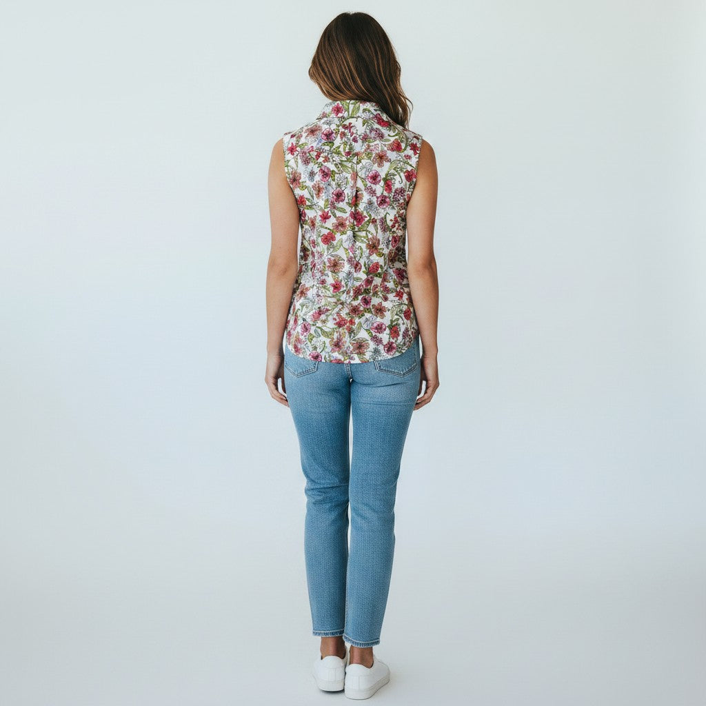Woman wearing a sleeveless floral top and blue jeans on a white background