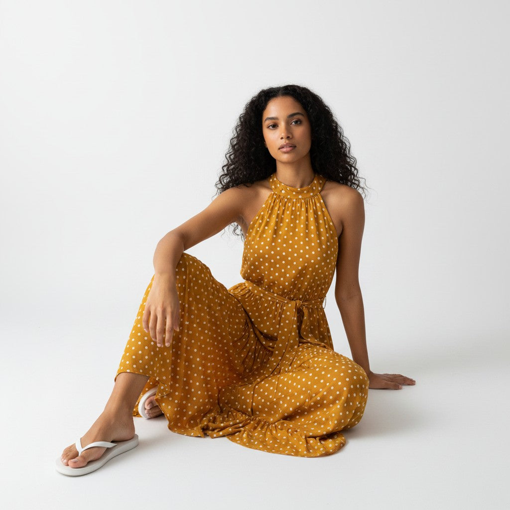 Woman wearing a mustard yellow polka dot dress on a white background