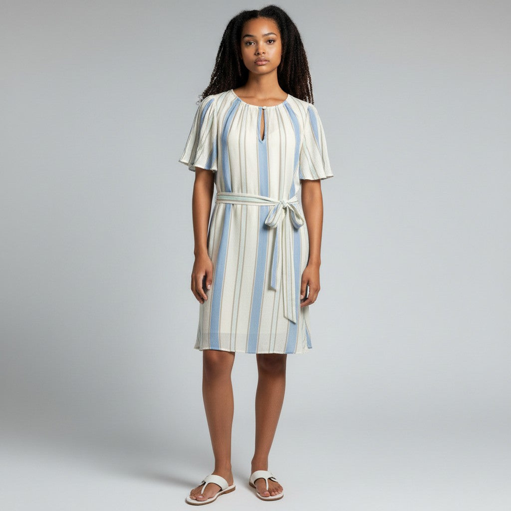 Woman wearing a striped dress on a gray background