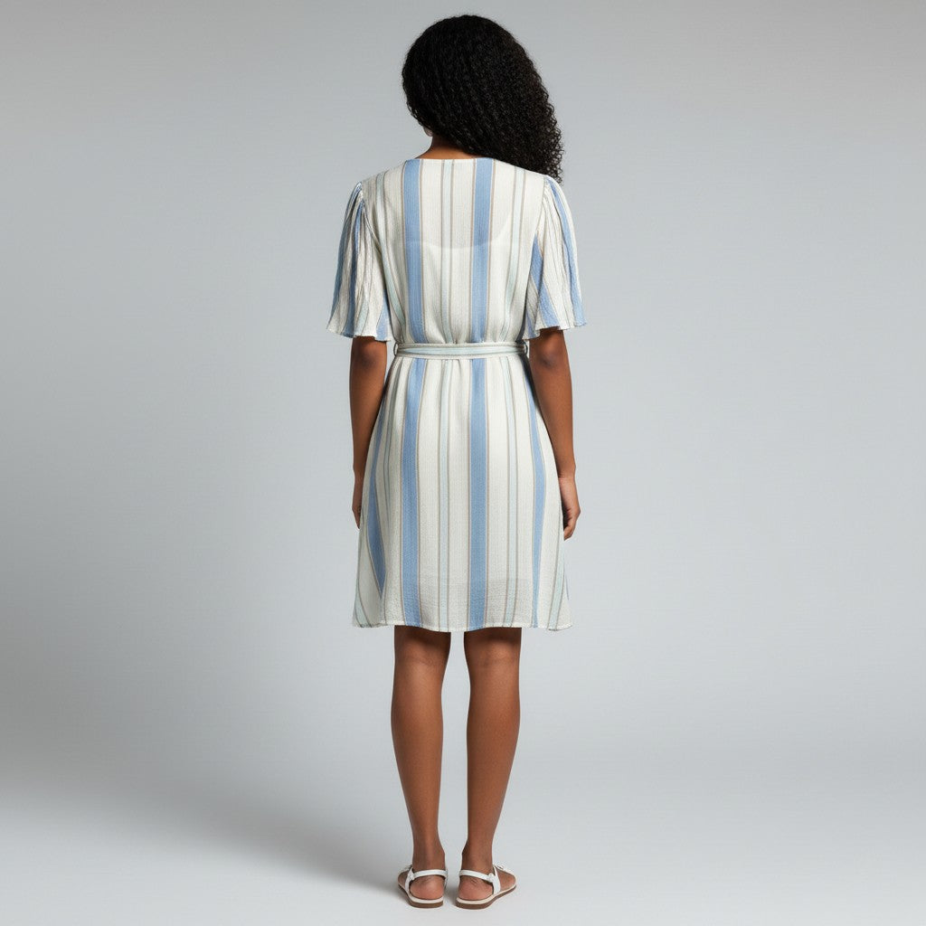 Woman wearing a striped dress on a plain background