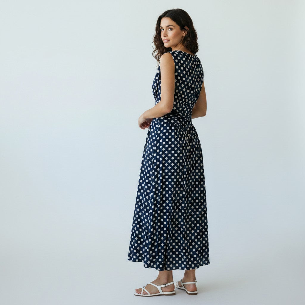 Woman wearing a navy polka dot dress on a white background