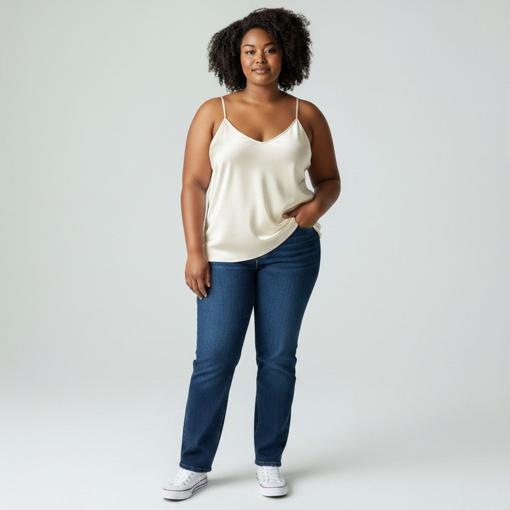 Woman wearing a white tank top and blue jeans on a plain background