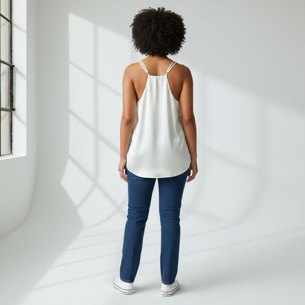 Person wearing a white tank top and blue jeans standing in a bright room with a window.