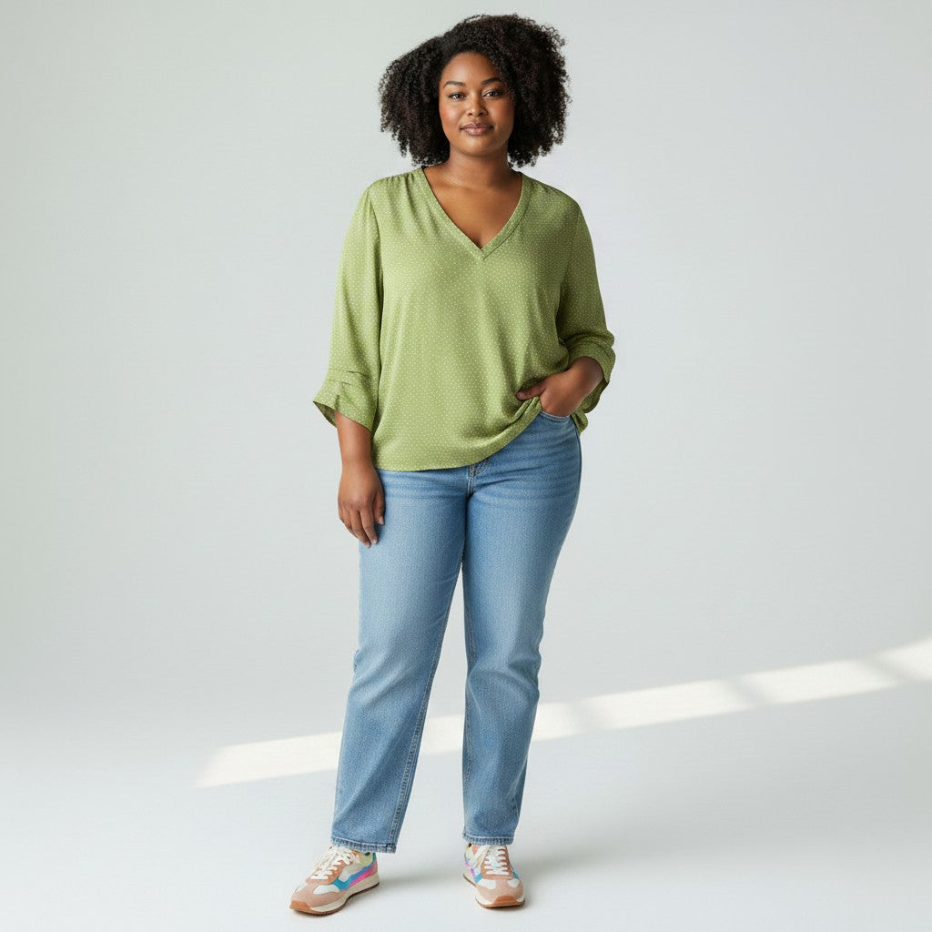 Woman wearing a green top and blue jeans on a white background