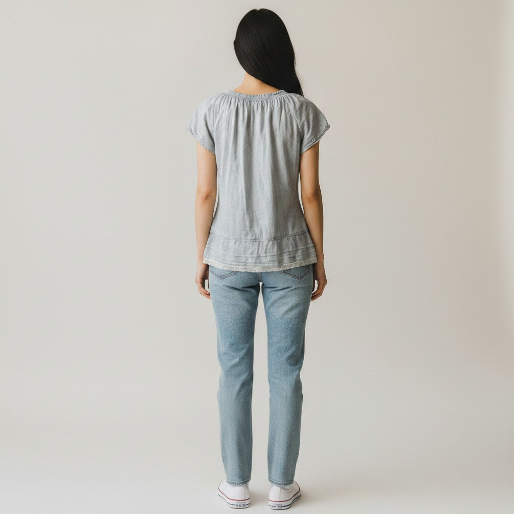 Lace-Trim Ruffle Placket Peasant Top by Maurices