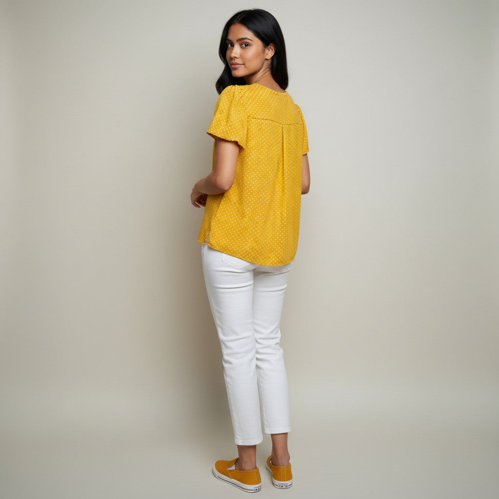 Woman wearing a yellow textured top and white pants against a plain background