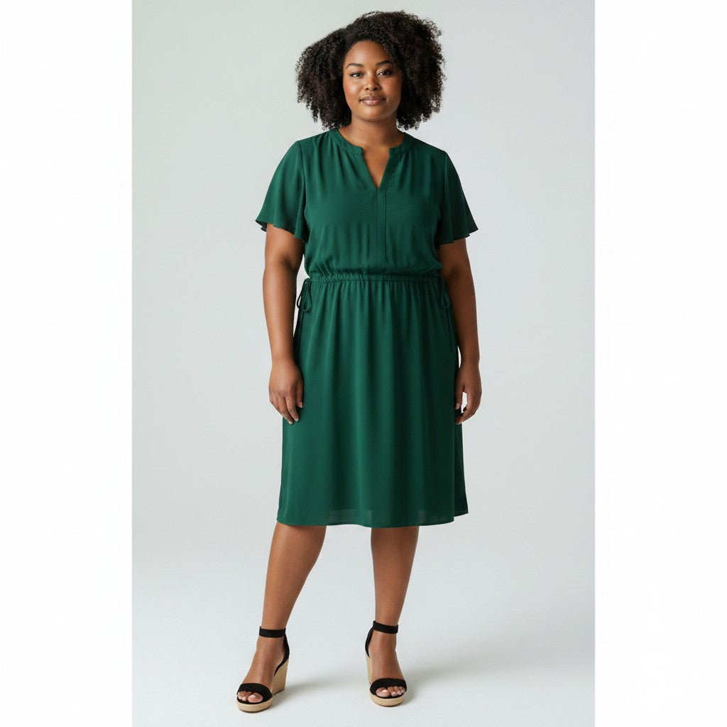 Woman wearing a green dress on a white background