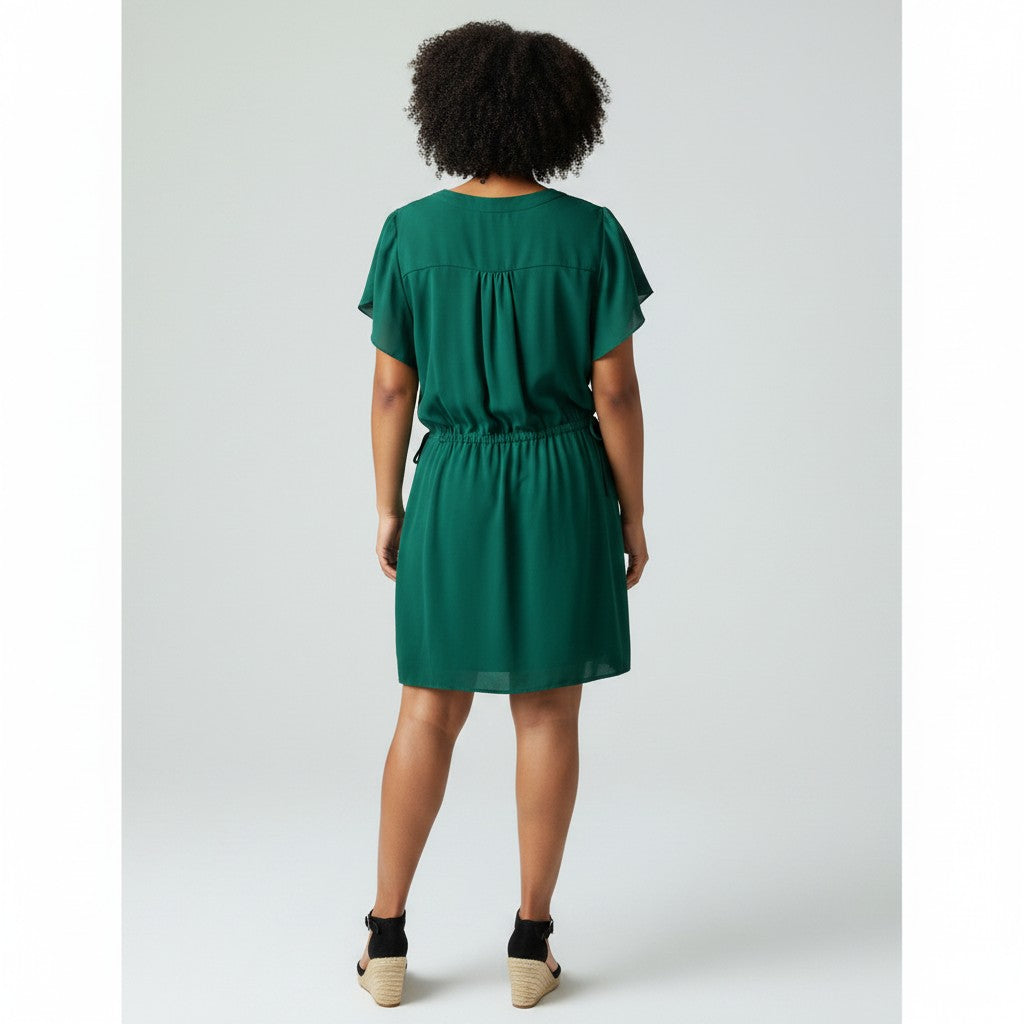 Person wearing a green dress on a white background