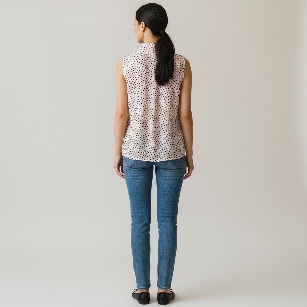 Woman wearing a sleeveless polka dot top and blue jeans against a plain background