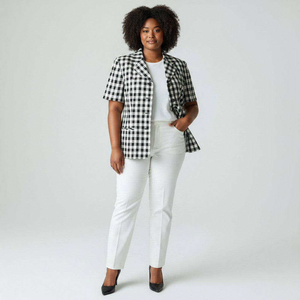 Woman wearing a black and white checkered jacket with white pants on a plain background