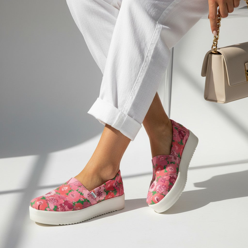 Pink floral sneakers worn with white pants on a light background