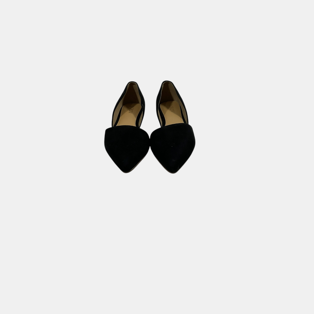 Pair of black high-heeled shoes on a white background