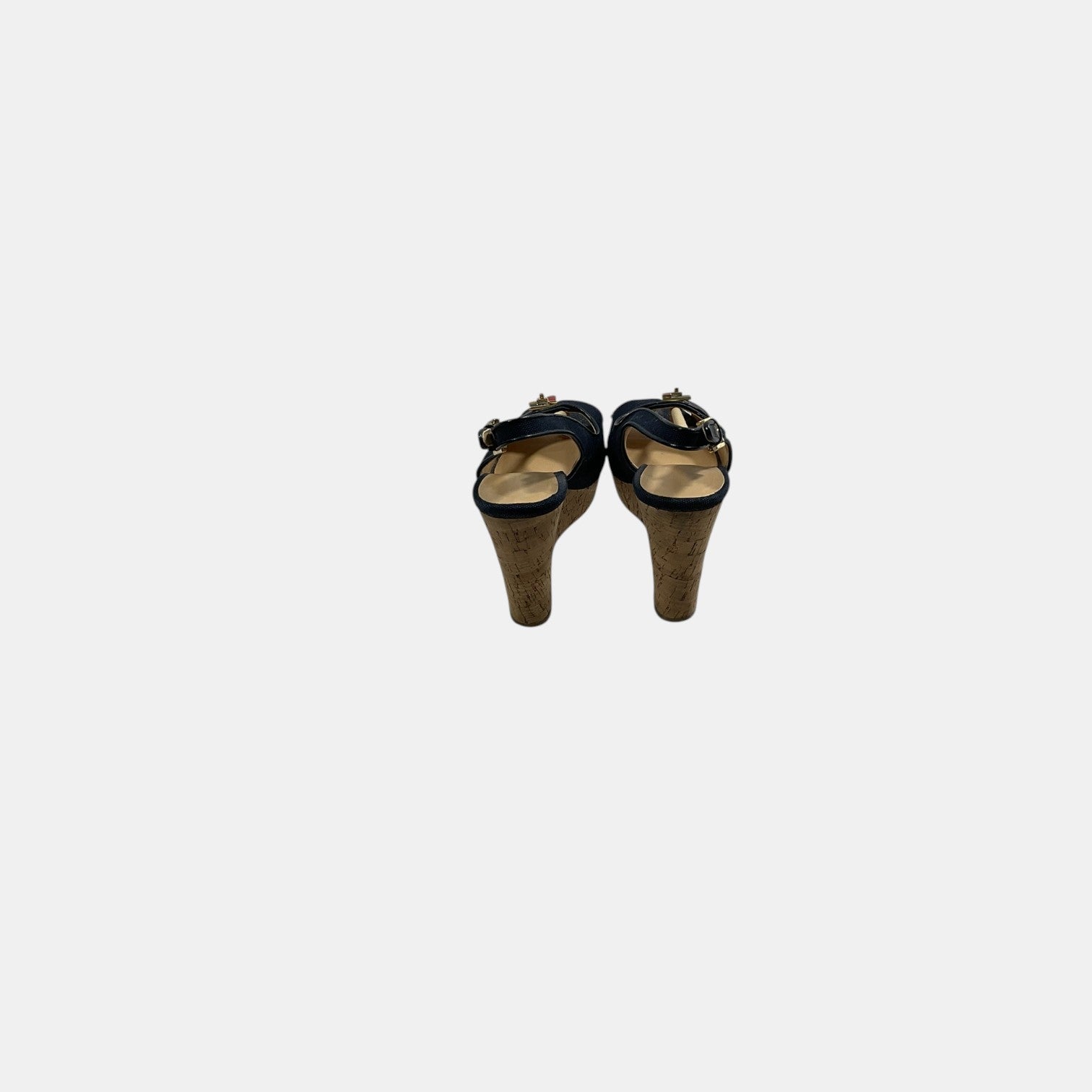 Pair of black high-heeled shoes on a white background