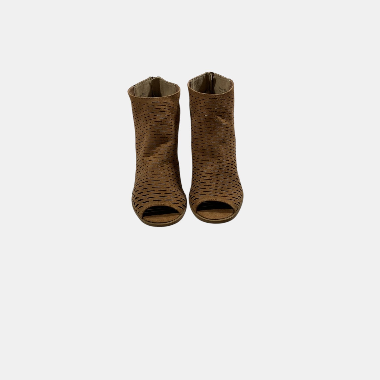brown peep toe booties on a white background