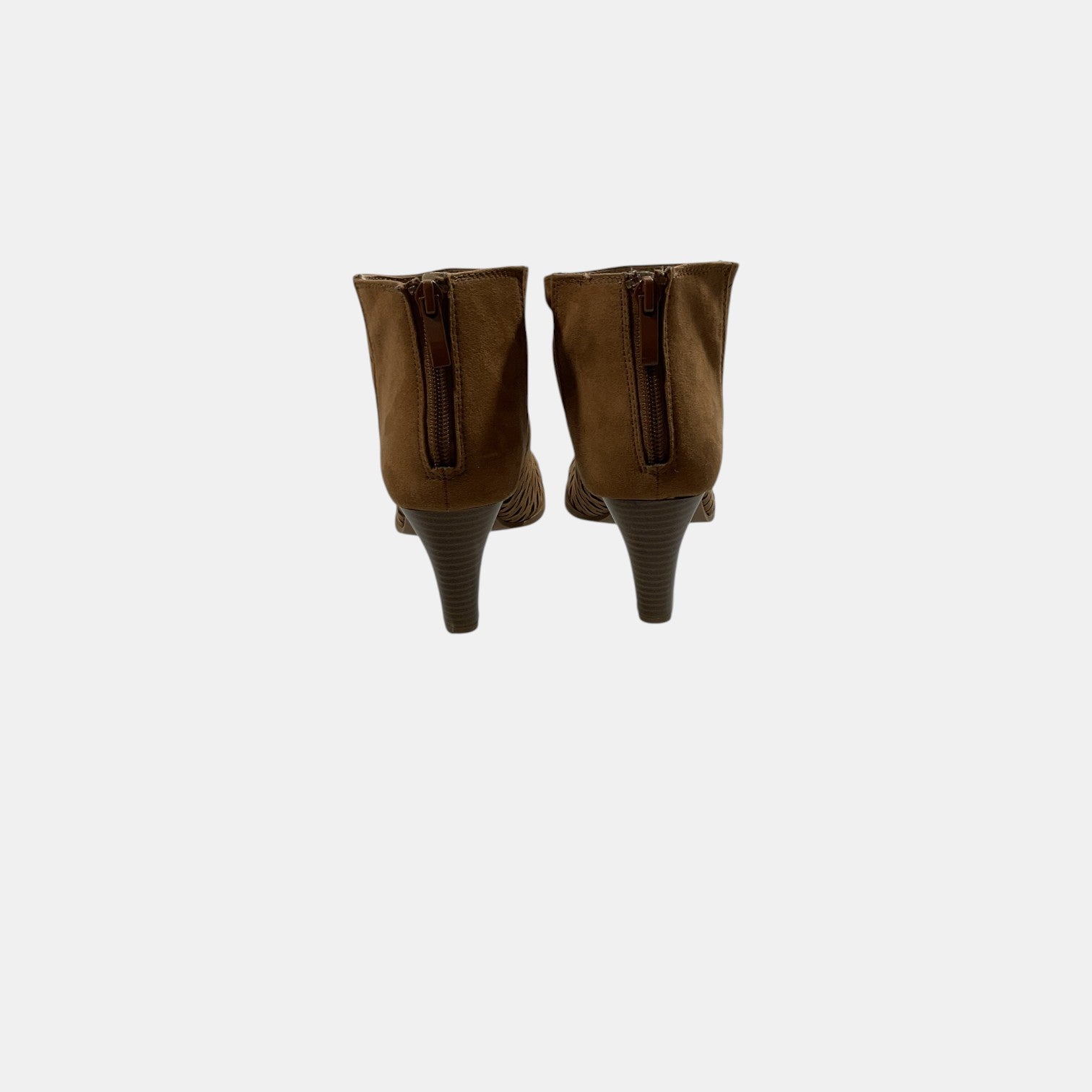brown peep toe booties on a white background