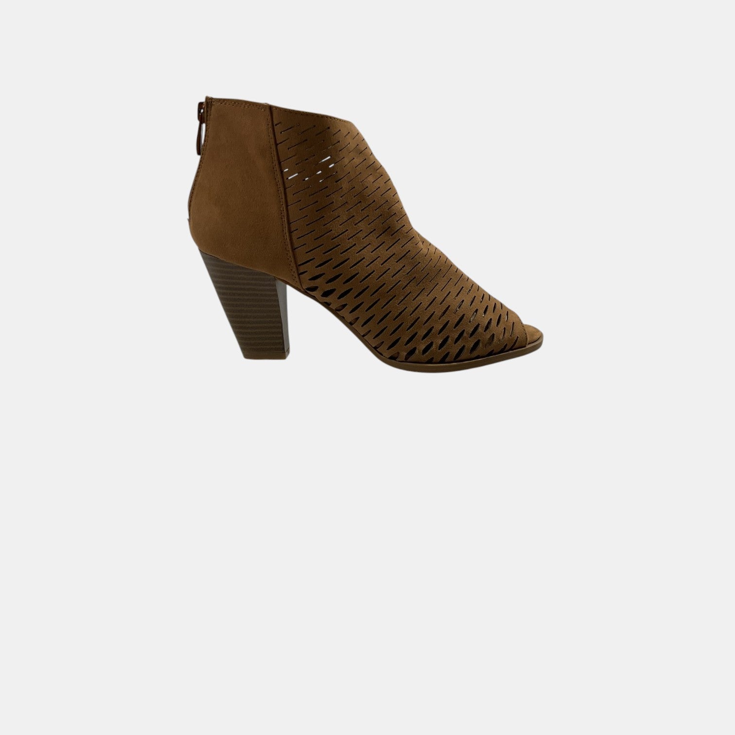 brown peep toe booties on a white background