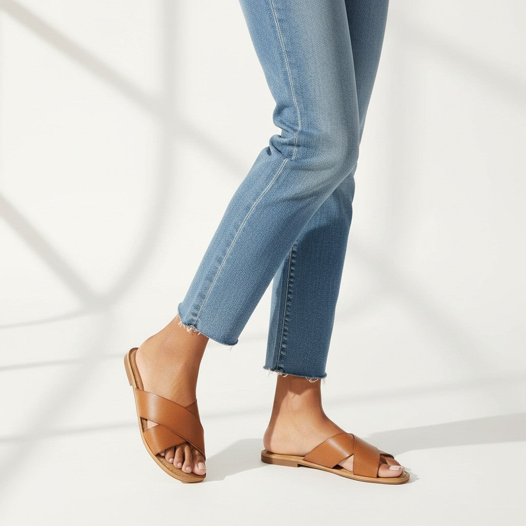 Brown sandals worn with blue jeans on a white background