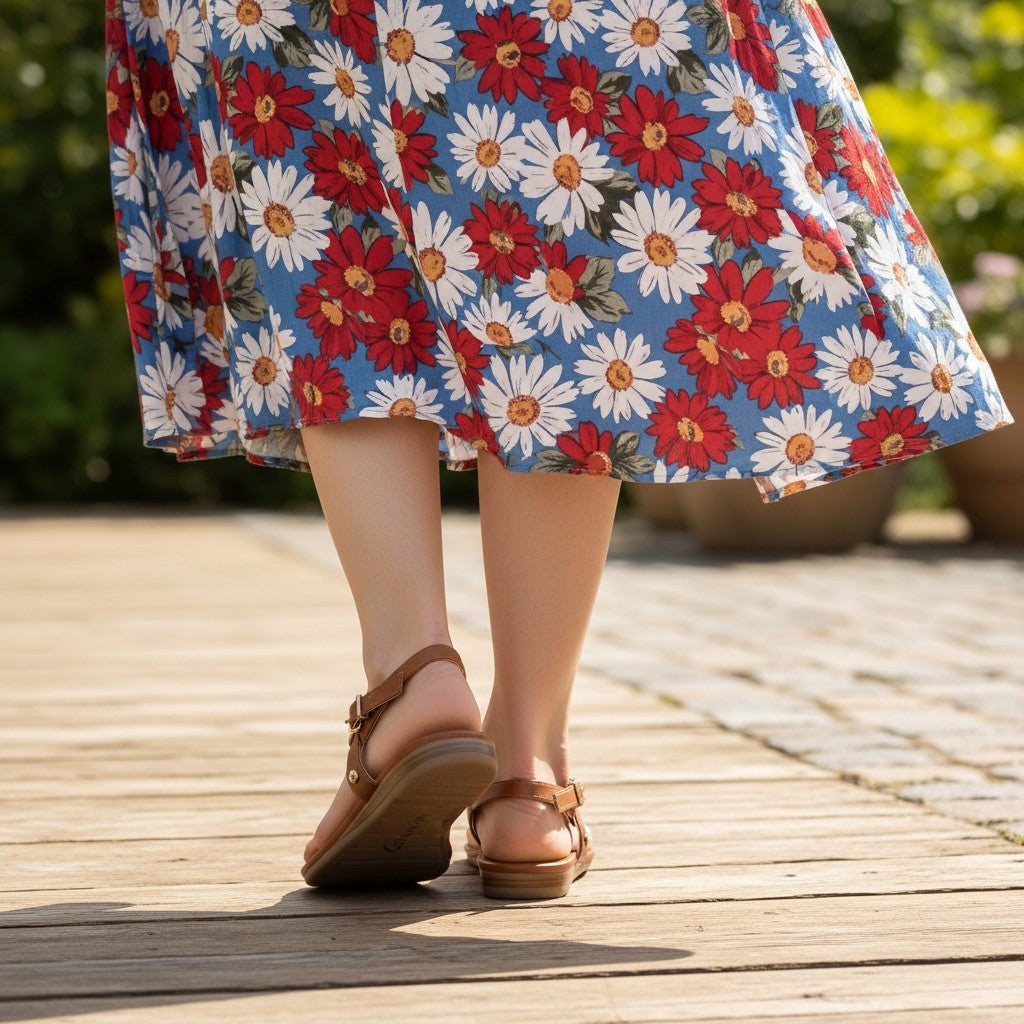 Person wearing a floral dress and sandals on a wooden deck