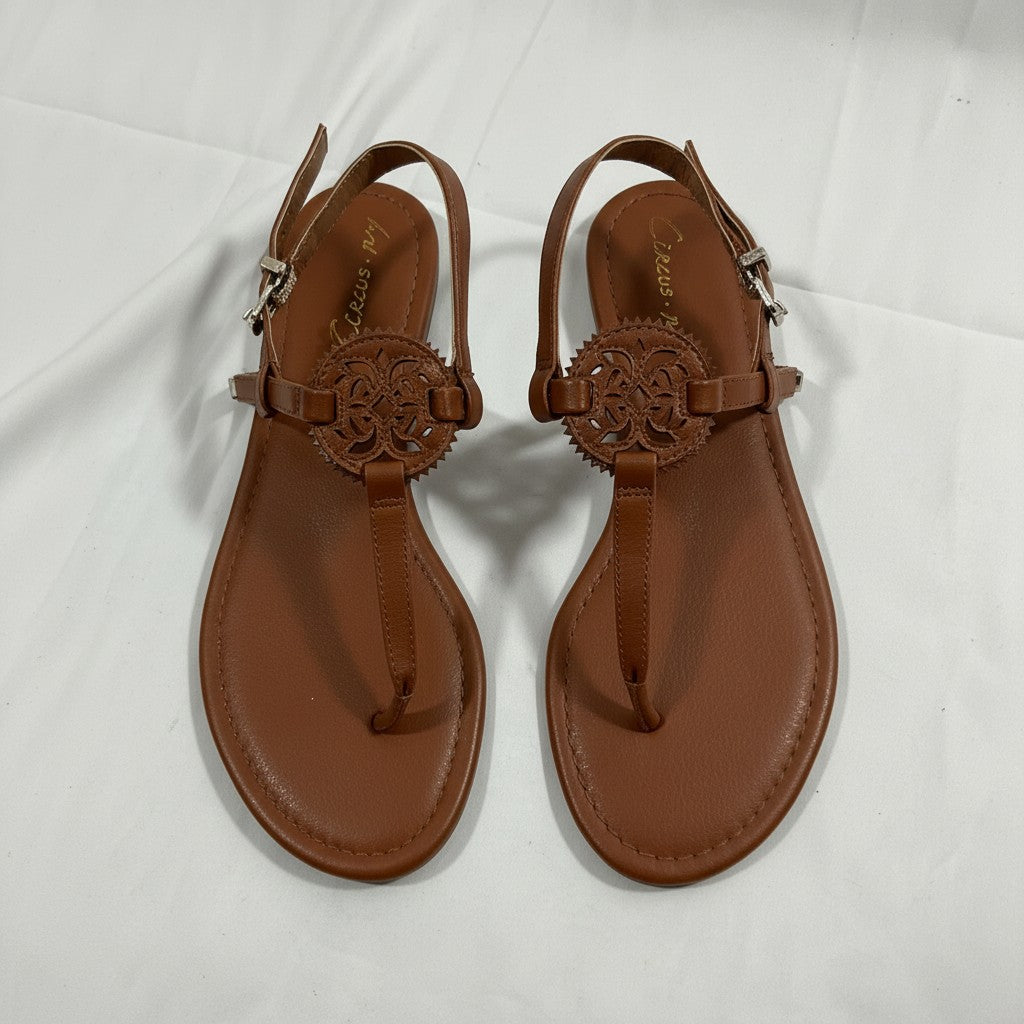 Pair of brown sandals with decorative straps on a white background