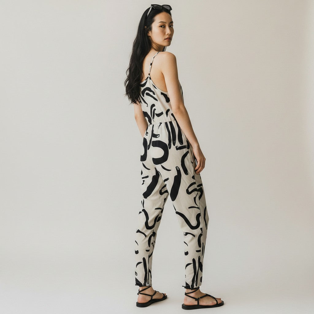 A woman modeling a sleeveless one-piece jumpsuit with a black abstract brushstroke pattern on a cream background, photographed against a plain light gray studio backdrop.
