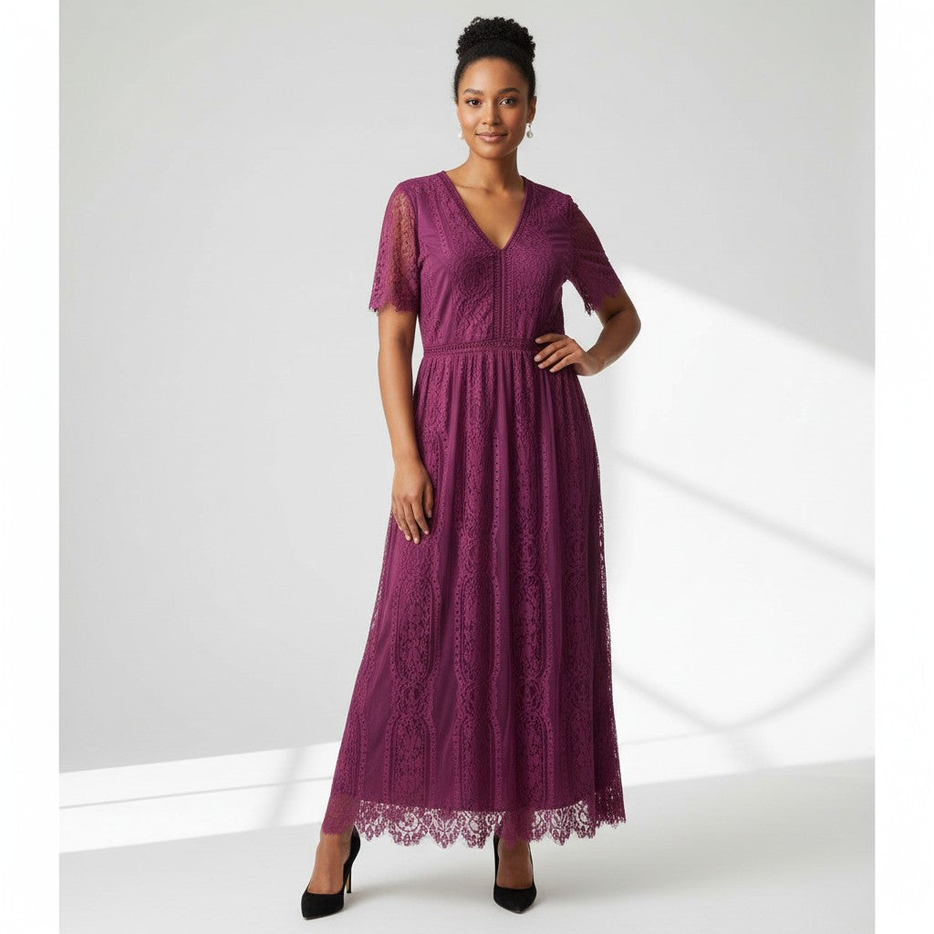 Woman wearing a purple lace dress against a white background