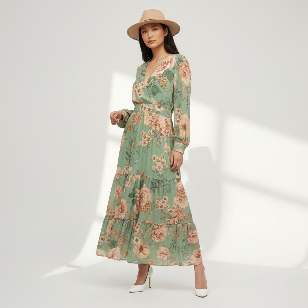 Woman wearing a floral dress and hat on a white background