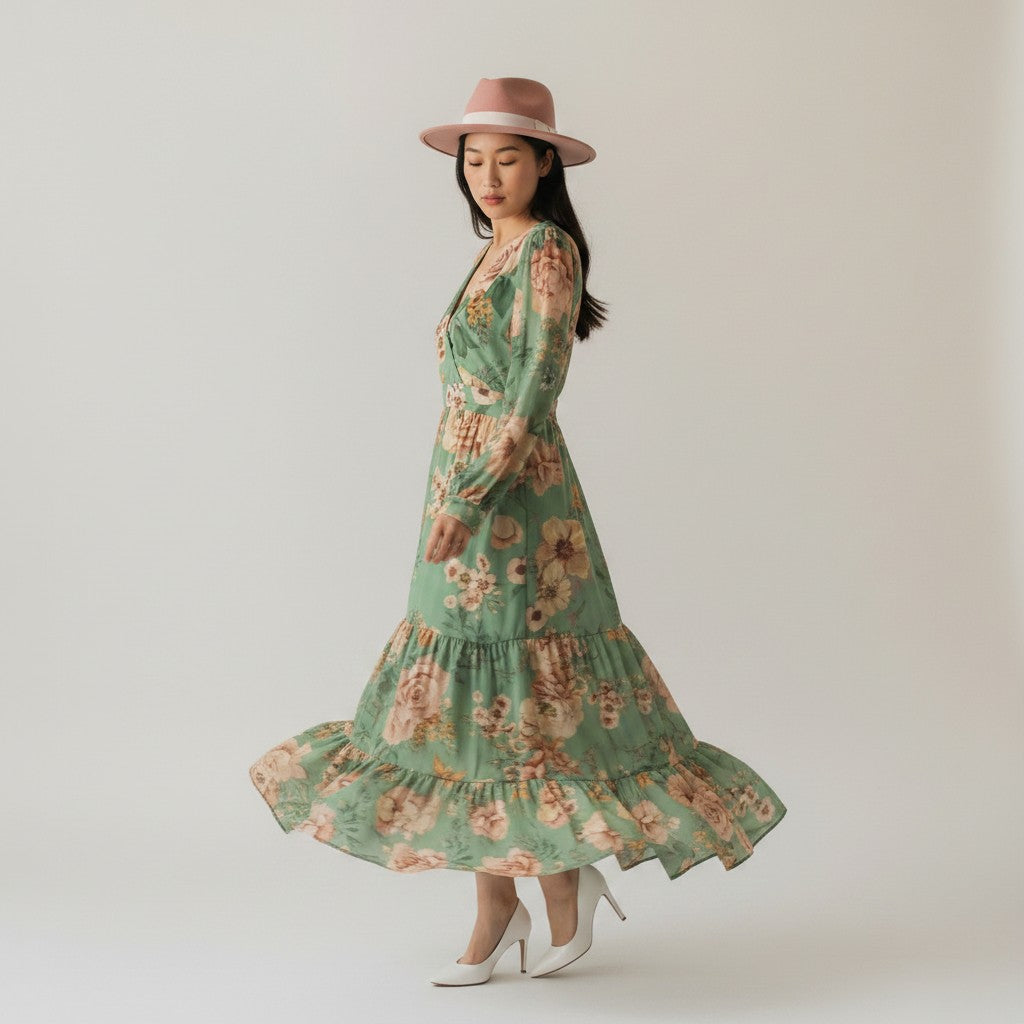 Woman wearing a green floral dress and pink hat against a plain background