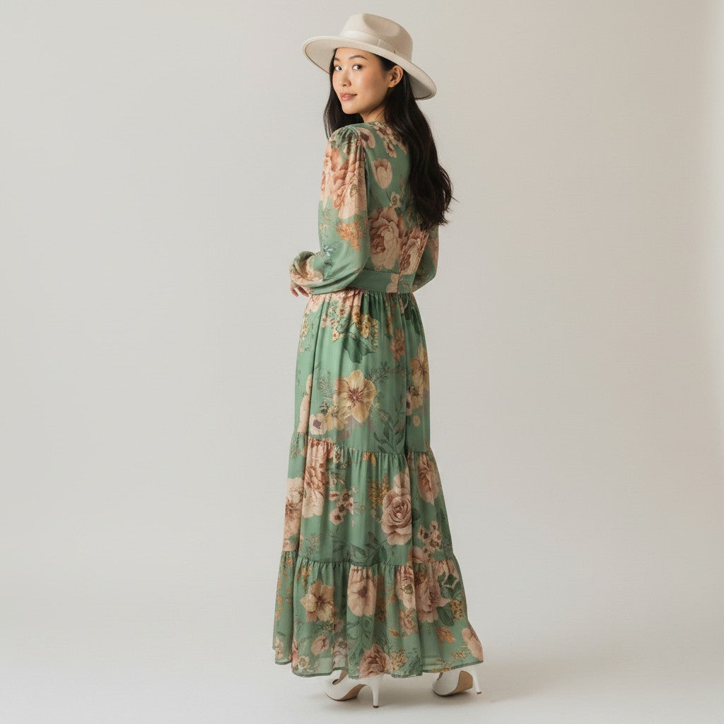 Woman wearing a green floral dress and white hat against a plain background