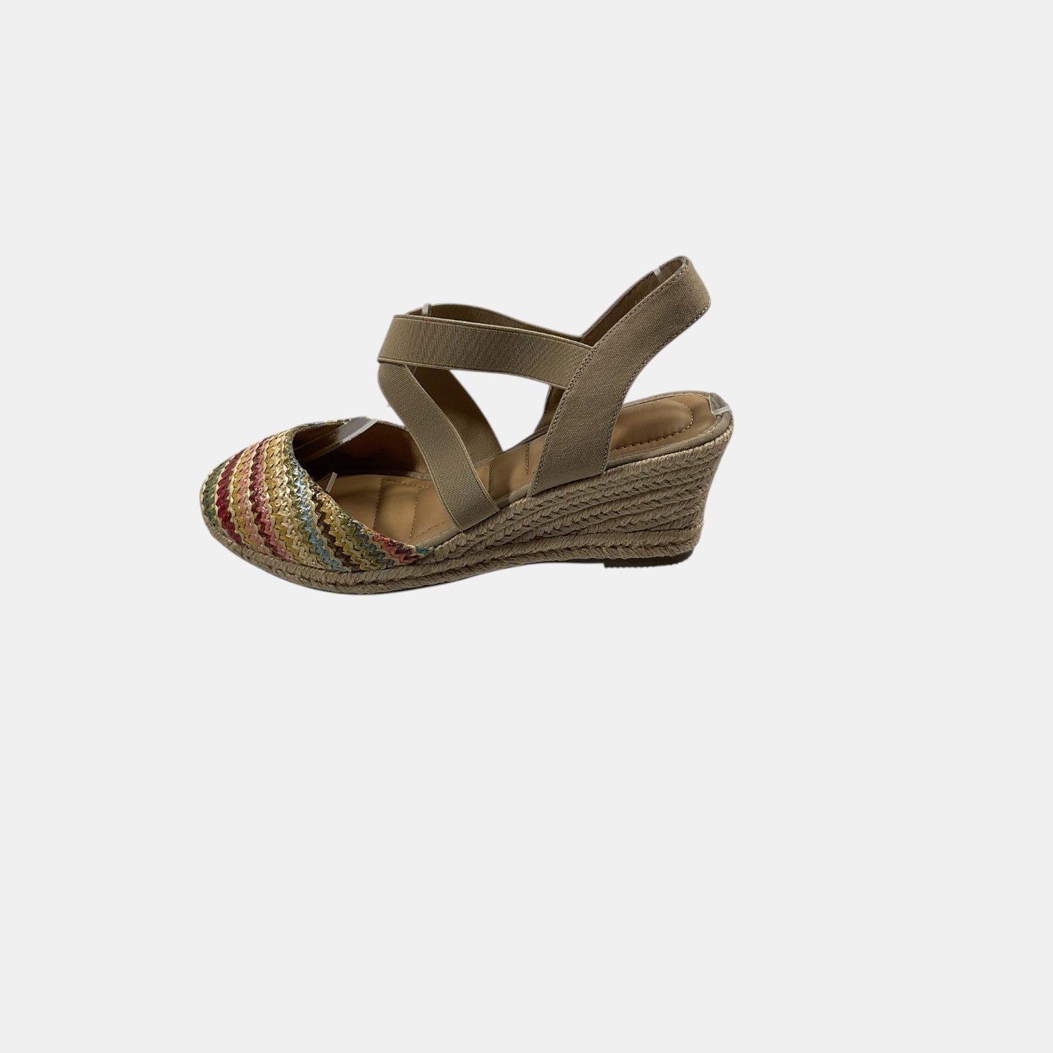 Wedge sandal with multicolored strap on a white background