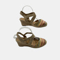 Pair of wedge sandals with striped multicolor soles on a white background